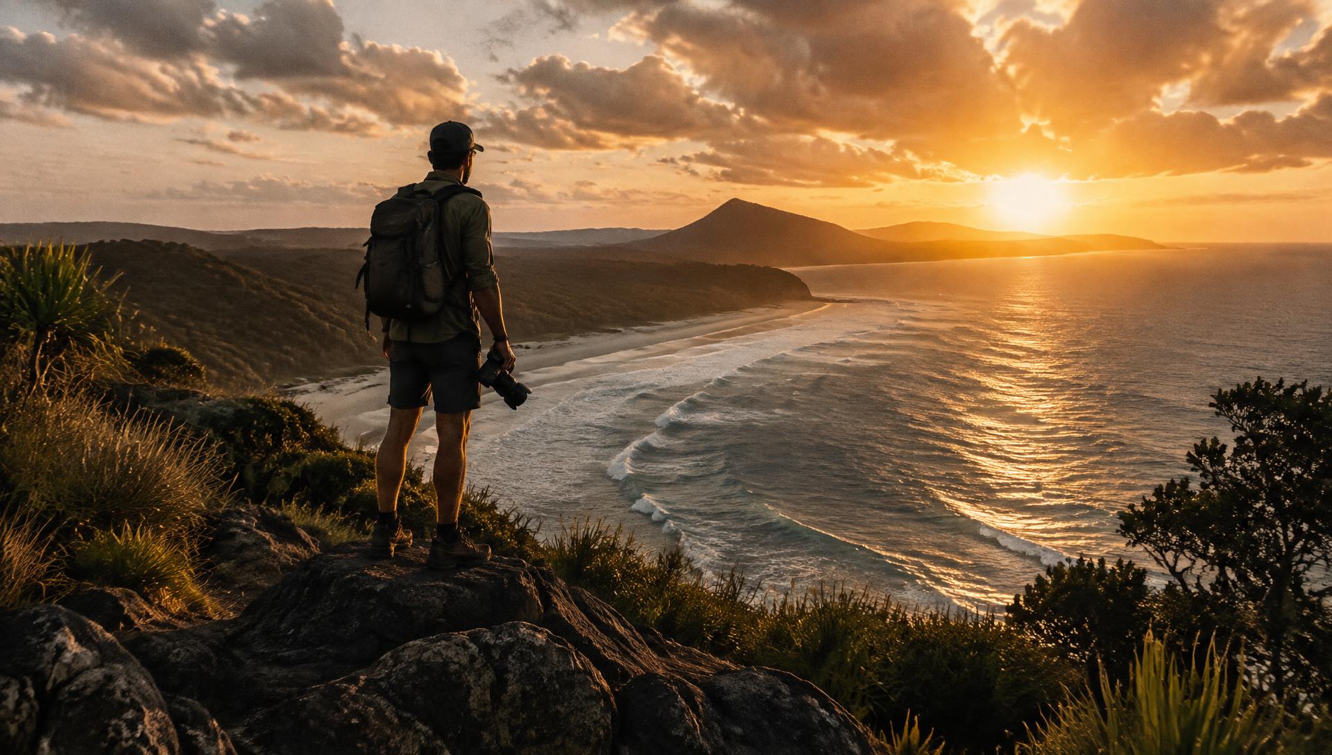 Traveller overlooking the Australian coastline at sunset